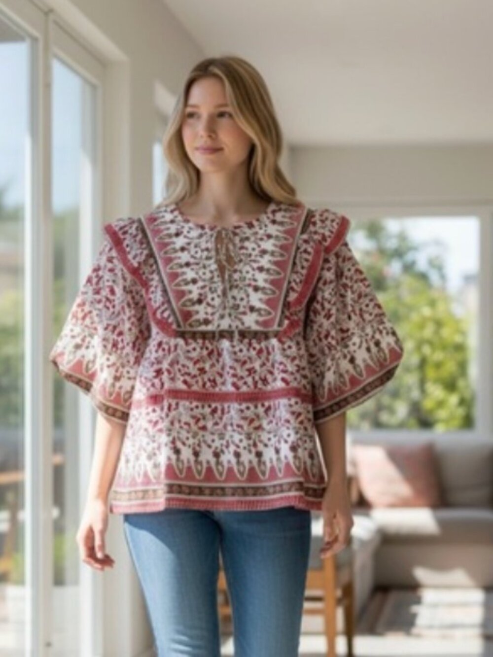 NWT Calypso St Bath Boho  Peasant Blouse Red White Ruffle Tie Front Flowy Top L